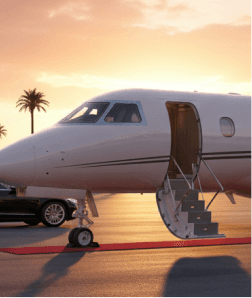 Private jet parked on the tarmac beside a luxury car at sunset