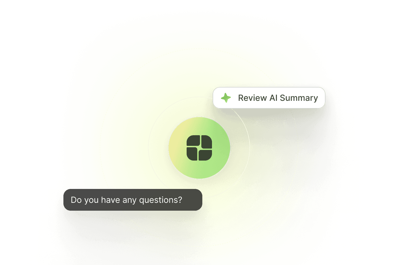 Clai AI assistant with a "Review AI Summary" prompt answering "Do you have any questions?"